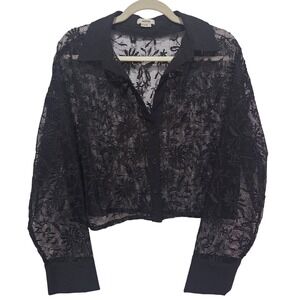 JASON WU Black Floral Lace Cropped Collared Button Up Shirt‎ Top Womens Size L